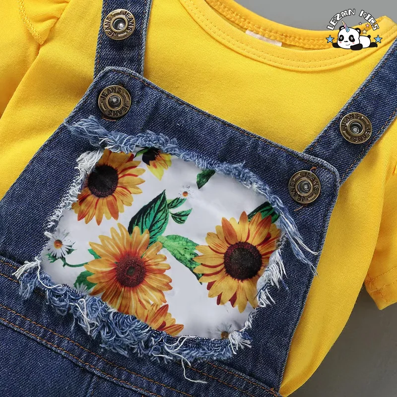 LEZONKIDS - Customizable Hot Sale Short-sleeved Blouse Girls Clothing Set Sunflower Print Jeans Girls Clothing Set